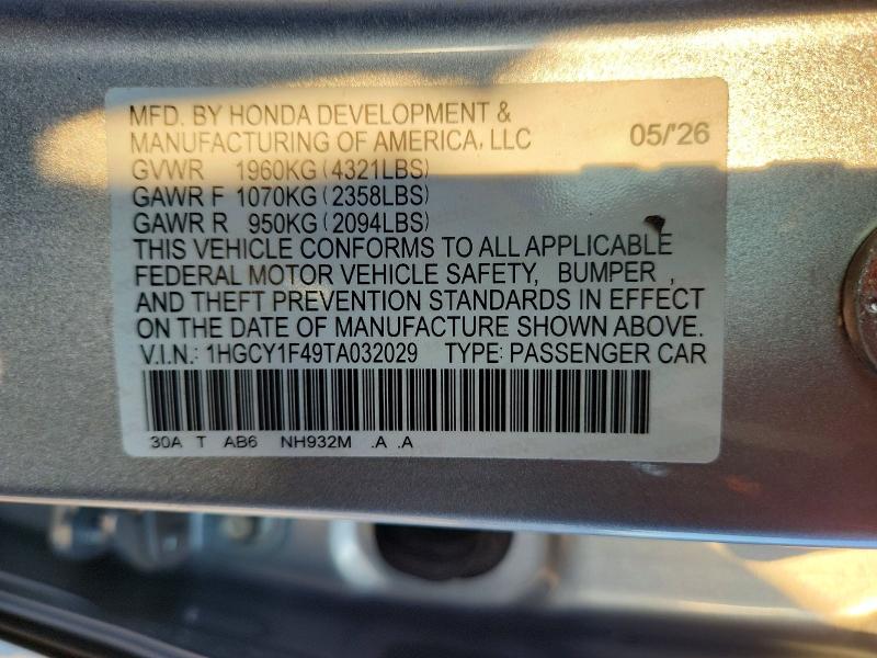 Aukcja sprzedaży 2026 Honda Accord, vin: 1HGCY1F49TA032029, numer aukcji: 70226356