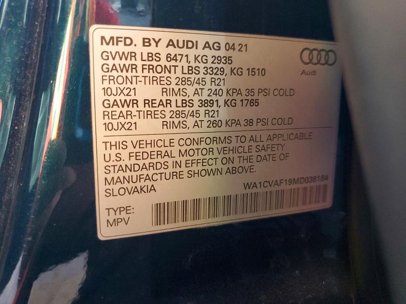 68811806 :رقم المزاد ، WA1CVAF19MD036184 vin ، 2021 Audi Q8 مزاد بيع