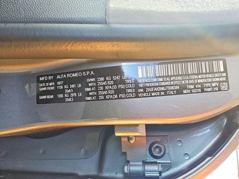 2018 Alfa Romeo Stelvio მანქანა იყიდება აუქციონზე, vin: ZASFAKBN6J7B98384, აუქციონის ნომერი: 69633866
