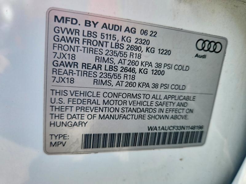 2022 Audi Q3 მანქანა იყიდება აუქციონზე, vin: WA1AUCF33N1148196, აუქციონის ნომერი: 68410216