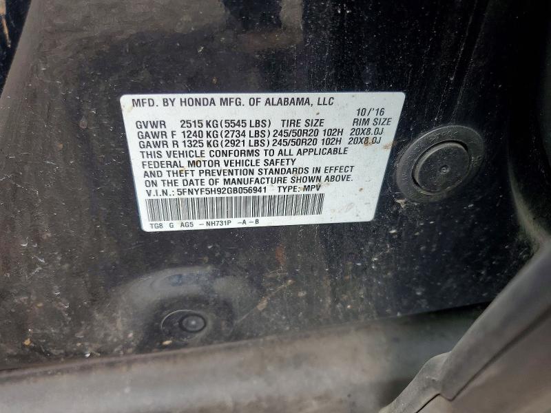 68053786 :رقم المزاد ، 5FNYF5H92GB056941 vin ، 2016 Honda Pilot مزاد بيع