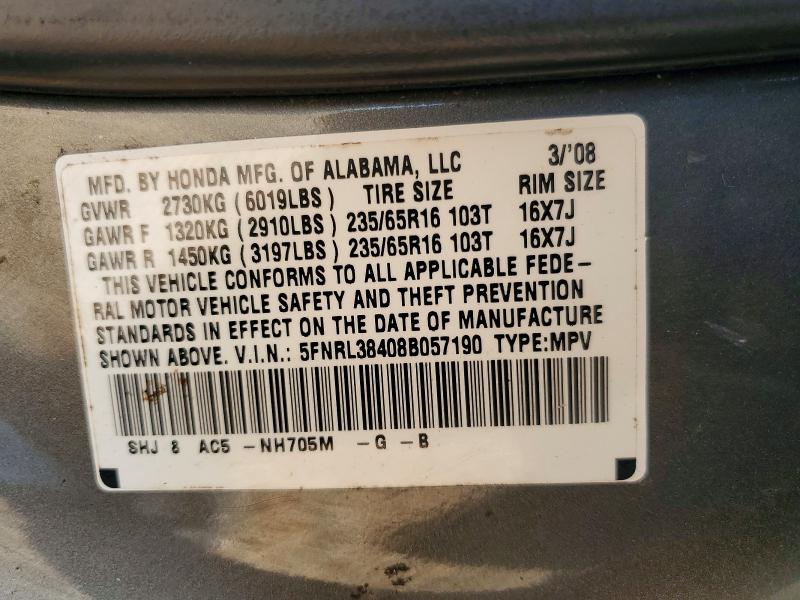 2008 Honda Odyssey მანქანა იყიდება აუქციონზე, vin: 5FNRL38408B057190, აუქციონის ნომერი: 69150556