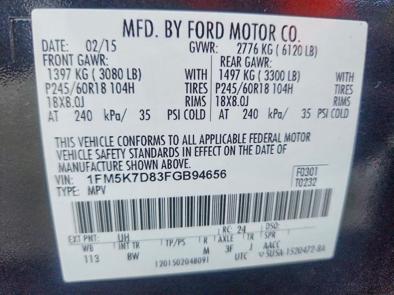 67475716 :رقم المزاد ، 1FM5K7D83FGB94656 vin ، 2015 Ford Explorer مزاد بيع