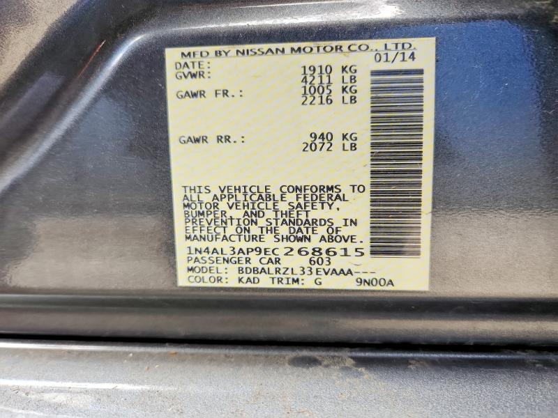 2014 Nissan Altima მანქანა იყიდება აუქციონზე, vin: 1N4AL3AP9EC268615, აუქციონის ნომერი: 69557726