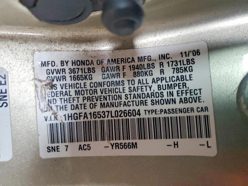 2007 Honda Civic მანქანა იყიდება აუქციონზე, vin: 1HGFA16537L026604, აუქციონის ნომერი: 70326156