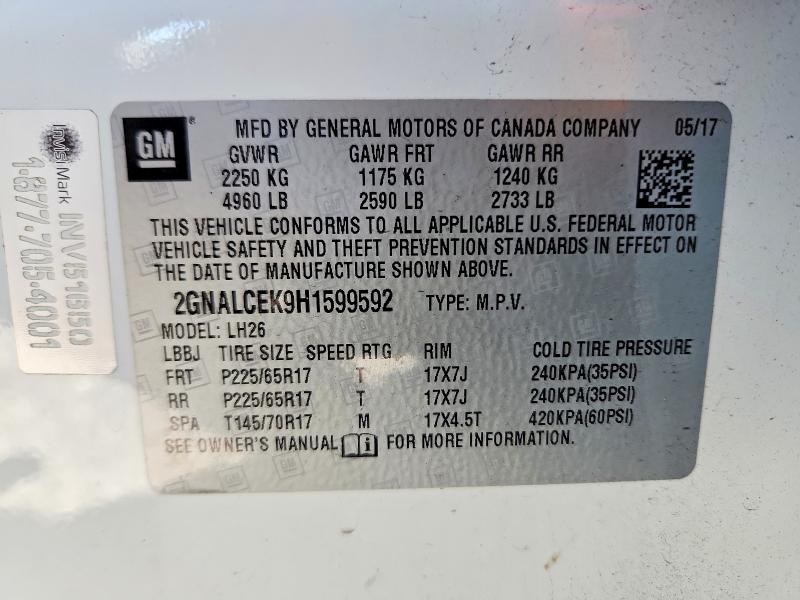 Продажа на аукционе авто 2017 Chevrolet Equinox, vin: 2GNALCEK9H1599592, номер лота: 69986656