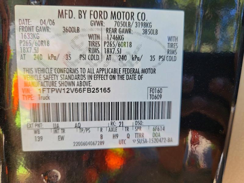2006 Ford F150 მანქანა იყიდება აუქციონზე, vin: 1FTPW12V66FB25165, აუქციონის ნომერი: 68773586