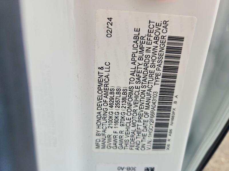 2024 Honda Accord მანქანა იყიდება აუქციონზე, vin: 1HGCY2F66RA043103, აუქციონის ნომერი: 69773946