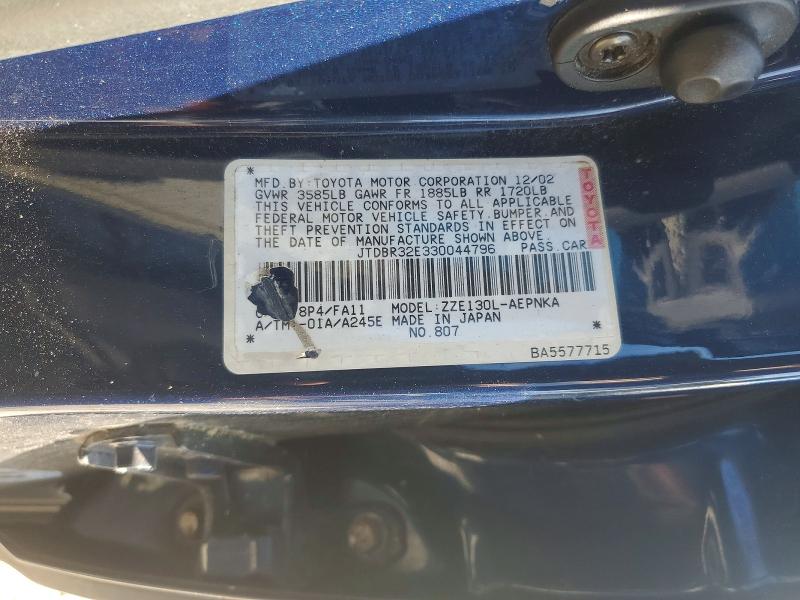 Продаж на аукціоні авто 2003 Toyota Corolla, vin: JTDBR32E330044796, номер лоту: 69547656