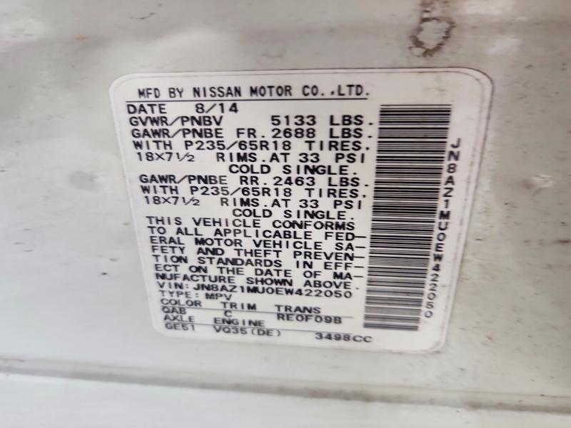 2014 Nissan Murano მანქანა იყიდება აუქციონზე, vin: JN8AZ1MU0EW422050, აუქციონის ნომერი: 69720626