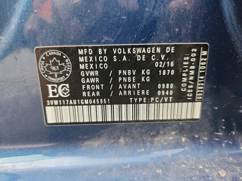 Aukcja sprzedaży 2016 Volkswagen Golf 1.8 T, vin: 3VW117AU1GM045951, numer aukcji: 68067956