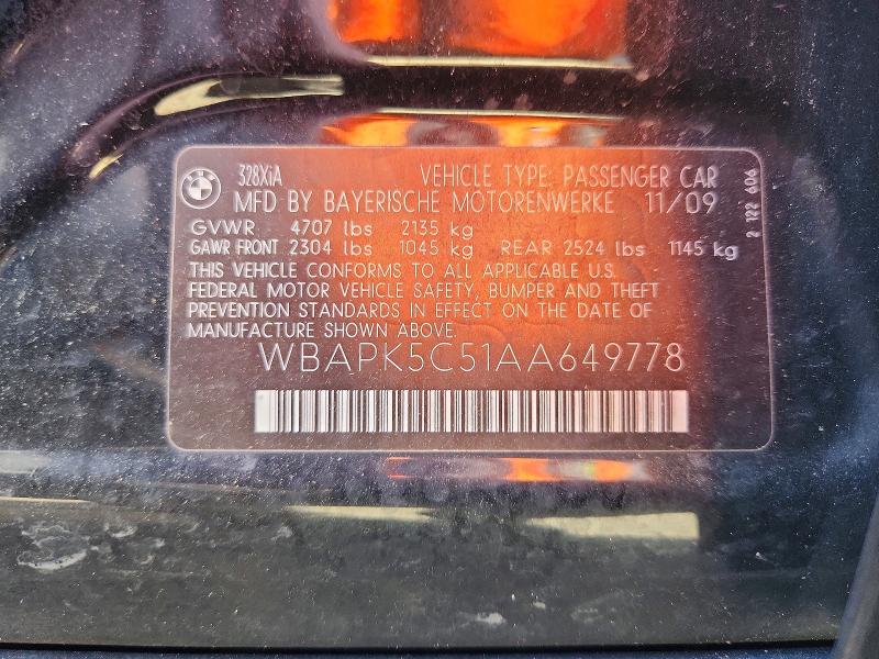 67098566 :رقم المزاد ، WBAPK5C51AA649778 vin ، 2010 Bmw 328 مزاد بيع