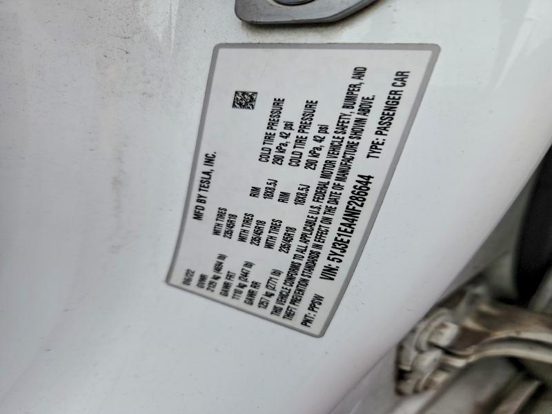 2022 Tesla Model 3 მანქანა იყიდება აუქციონზე, vin: 5YJ3E1EA4NF286644, აუქციონის ნომერი: 69921826