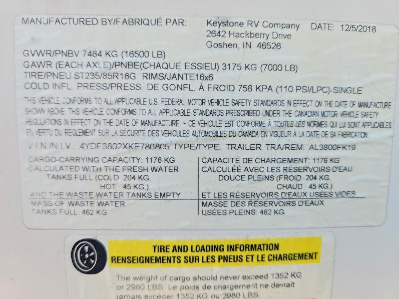 66798856 :رقم المزاد ، 4YDF3802XKE780805 vin ، 2019 Keystone Alpine 3010 Re مزاد بيع
