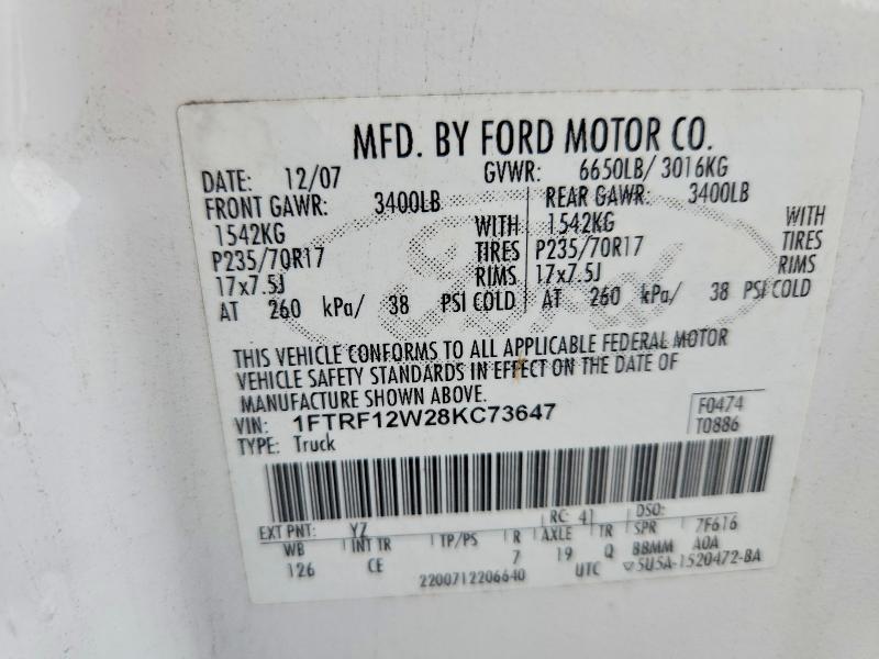 70425536 :رقم المزاد ، 1FTRF12W28KC73647 vin ، 2008 Ford F150 مزاد بيع
