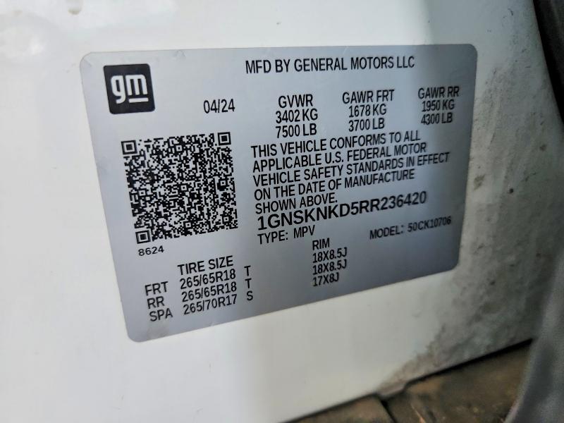Aukcja sprzedaży 2024 Chevrolet Tahoe, vin: 1GNSKNKD5RR236420, numer aukcji: 69763246