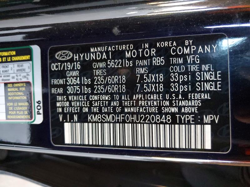 Aukcja sprzedaży 2017 Hyundai Santa Fe, vin: KM8SMDHF0HU220848, numer aukcji: 68101356