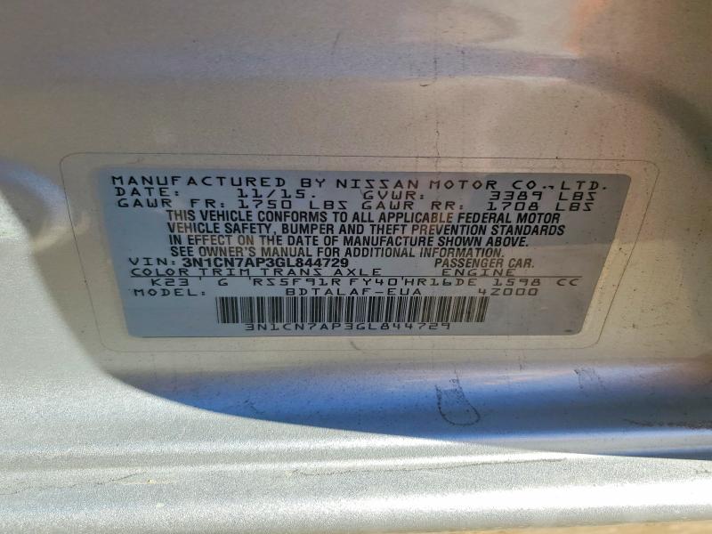 71063966 :رقم المزاد ، 3N1CN7AP3GL844729 vin ، 2016 Nissan Versa مزاد بيع