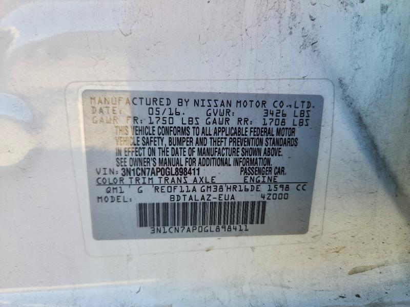 Aukcja sprzedaży 2016 Nissan Versa, vin: 3N1CN7AP0GL898411, numer aukcji: 70364896