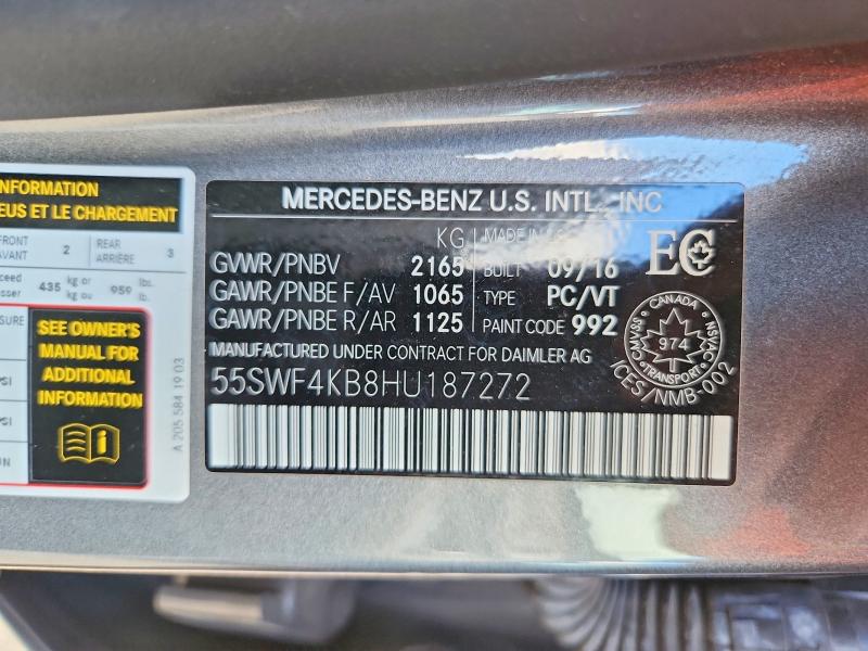 2017 Mercedes-benz C მანქანა იყიდება აუქციონზე, vin: 55SWF4KB8HU187272, აუქციონის ნომერი: 68294946