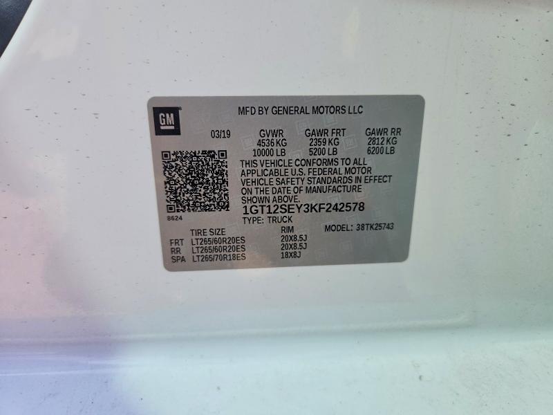 2019 Gmc Sierra მანქანა იყიდება აუქციონზე, vin: 1GT12SEY3KF242578, აუქციონის ნომერი: 69157026