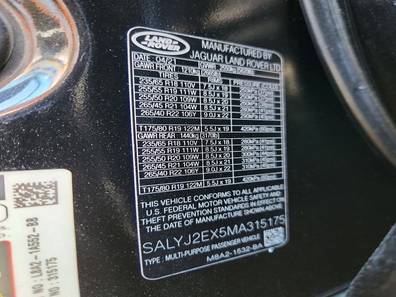 68865096 :رقم المزاد ، SALYJ2EX5MA315175 vin ، 2021 Land Rover Range Rover Velar مزاد بيع
