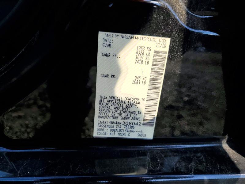 2019 Nissan Altima მანქანა იყიდება აუქციონზე, vin: 1N4BL4BV4KN308042, აუქციონის ნომერი: 68593126