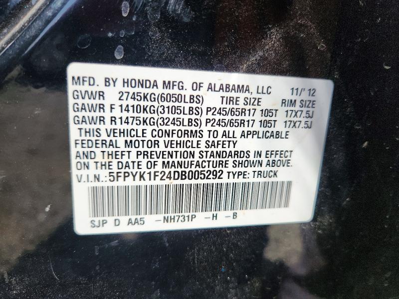 70301176 :رقم المزاد ، 5FPYK1F24DB005292 vin ، 2013 Honda Ridgeline مزاد بيع