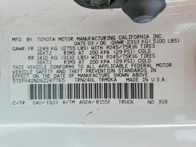 Aukcja sprzedaży 2006 Toyota Tacoma, vin: 5TEPX42N26Z247765, numer aukcji: 70614416