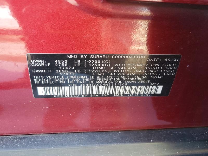 Продажа на аукционе авто 2022 Subaru Outback, vin: 4S4BTACC4N3111809, номер лота: 68181656