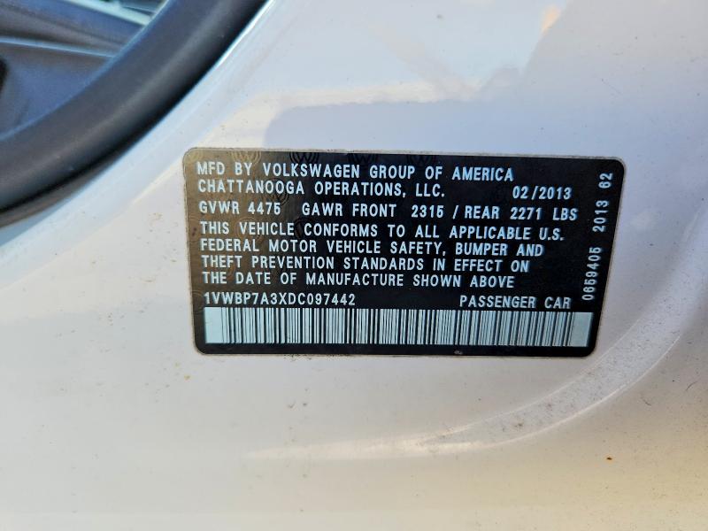 Aukcja sprzedaży 2013 Volkswagen Passat, vin: 1VWBP7A3XDC097442, numer aukcji: 70531036