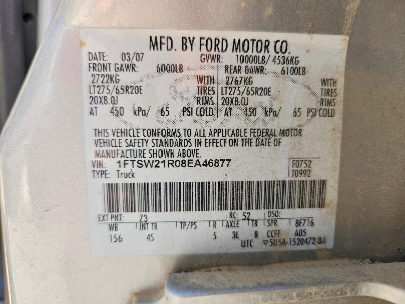 68953816 :رقم المزاد ، 1FTSW21R08EA46877 vin ، 2008 Ford F250 مزاد بيع