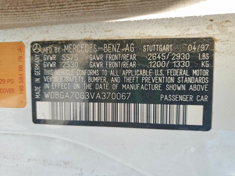 1997 Mercedes-benz S მანქანა იყიდება აუქციონზე, vin: WDBGA70G3VA370067, აუქციონის ნომერი: 69145856