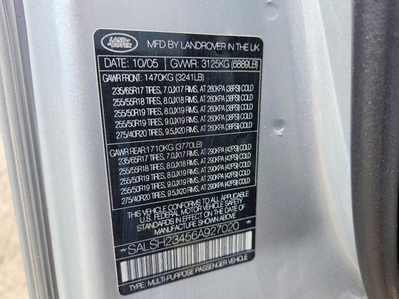 2006 Land Rover Range Rover Sport მანქანა იყიდება აუქციონზე, vin: SALSH23456A927020, აუქციონის ნომერი: 67485876