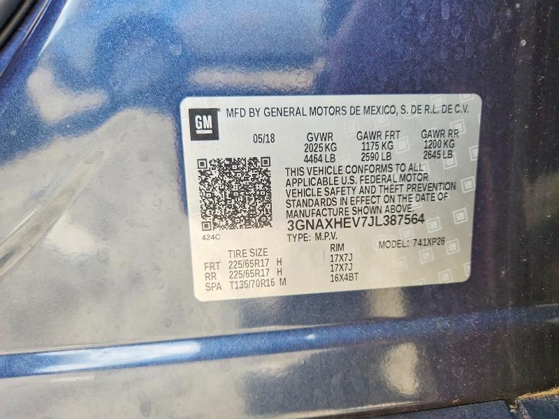 2018 Chevrolet Equinox მანქანა იყიდება აუქციონზე, vin: 3GNAXHEV7JL387564, აუქციონის ნომერი: 68383206