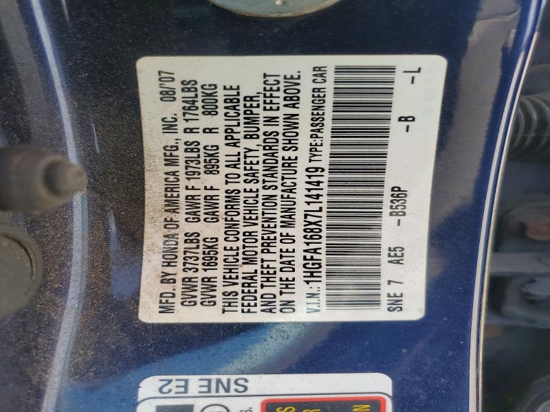 Продажа на аукционе авто 2007 Honda Civic, vin: 1HGFA168X7L141419, номер лота: 67188086