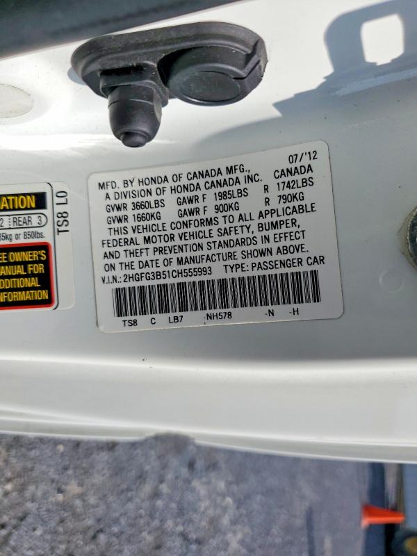 2012 Honda Civic მანქანა იყიდება აუქციონზე, vin: 2HGFG3B51CH555993, აუქციონის ნომერი: 68767656