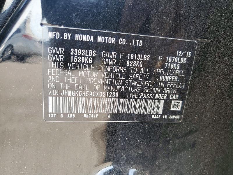 2016 Honda Fit მანქანა იყიდება აუქციონზე, vin: JHMGK5H59GX021239, აუქციონის ნომერი: 69983876