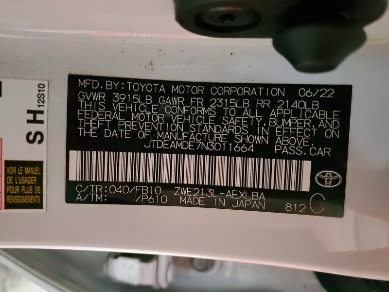 Aukcja sprzedaży 2022 Toyota Corolla, vin: JTDEAMDE7N3011664, numer aukcji: 70746156