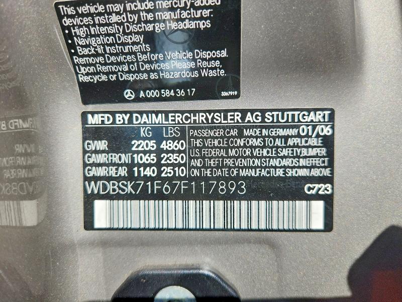 Aukcja sprzedaży 2007 Mercedes-benz Sl, vin: WDBSK71F67F117893, numer aukcji: 70450116