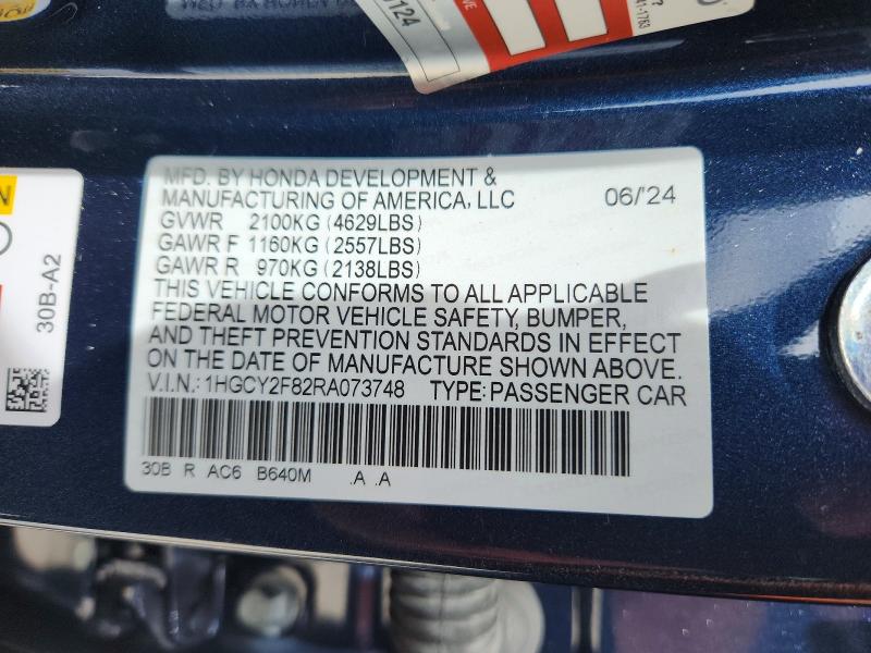 Продаж на аукціоні авто 2024 Honda Accord, vin: 1HGCY2F82RA073748, номер лоту: 67422226