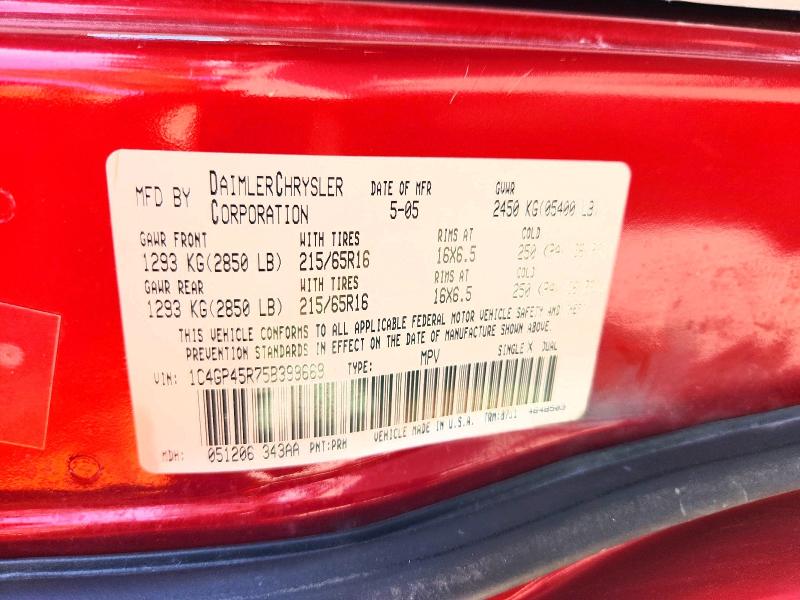 68395346 :رقم المزاد ، 1C4GP45R75B399669 vin ، 2005 Chrysler Town & Country مزاد بيع