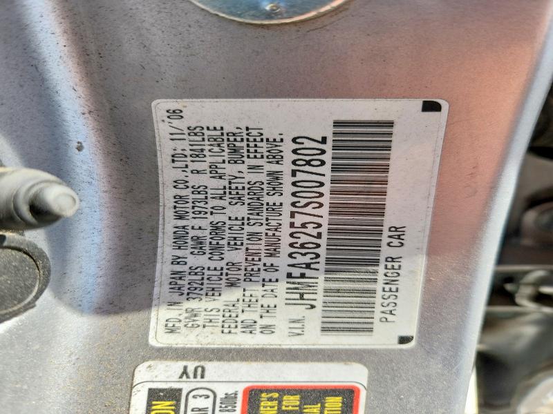 2007 Honda Civic მანქანა იყიდება აუქციონზე, vin: JHMFA36257S007802, აუქციონის ნომერი: 67203596