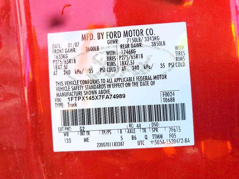 68421856 :رقم المزاد ، 1FTPX145X7FA74989 vin ، 2007 Ford F150 مزاد بيع