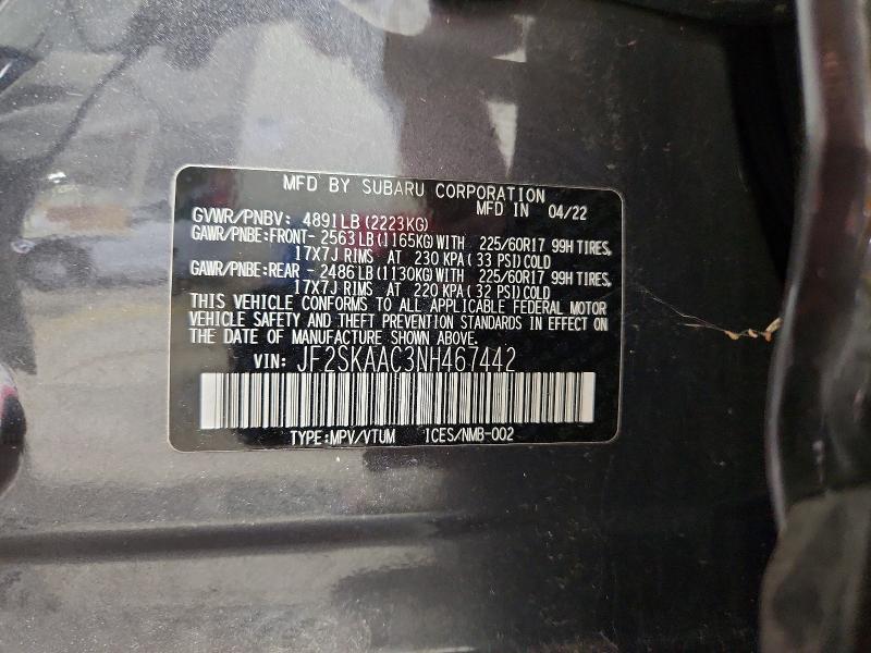 69155626 :رقم المزاد ، JF2SKAAC3NH467442 vin ، 2022 Subaru Forester مزاد بيع