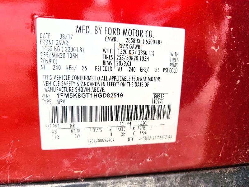 69501686 :رقم المزاد ، 1FM5K8GT1HGD82519 vin ، 2017 Ford Explorer مزاد بيع
