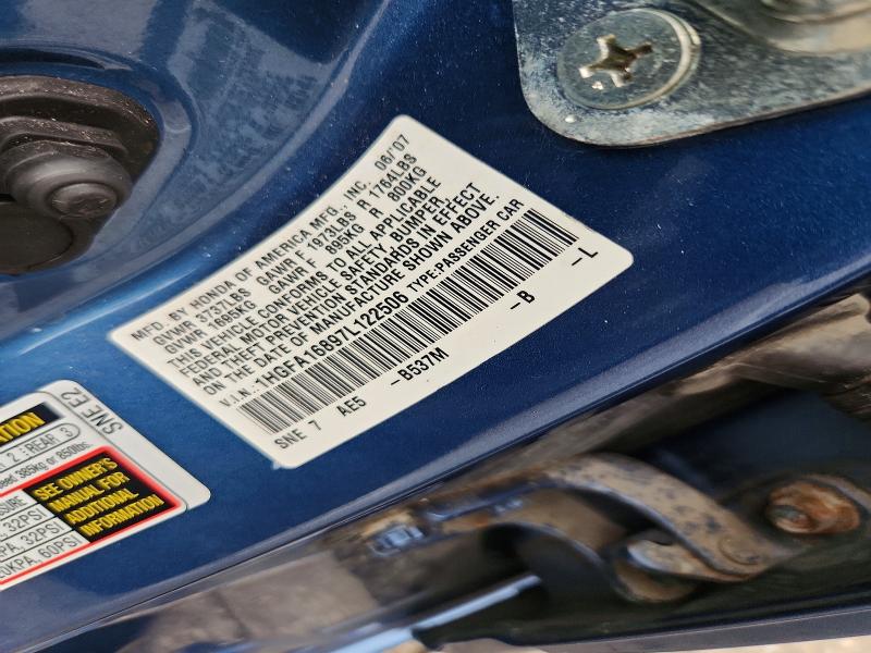 69756086 :رقم المزاد ، 1HGFA16897L122506 vin ، 2007 Honda Civic مزاد بيع