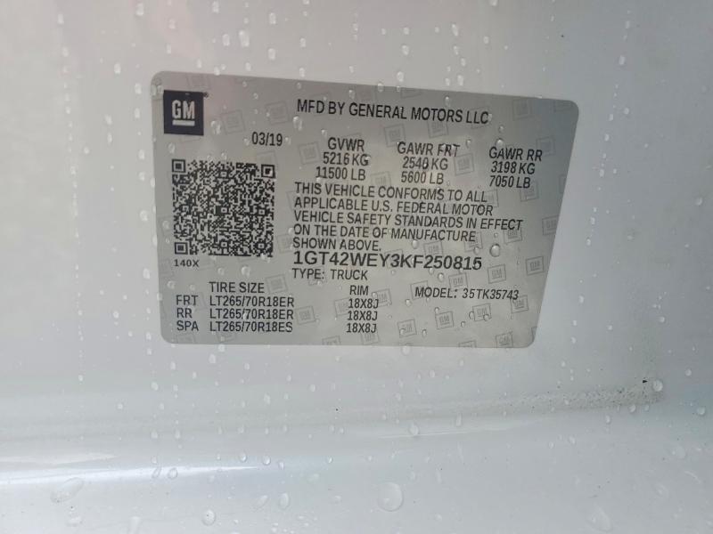 2019 Gmc Sierra მანქანა იყიდება აუქციონზე, vin: 1GT42WEY3KF250815, აუქციონის ნომერი: 66340296