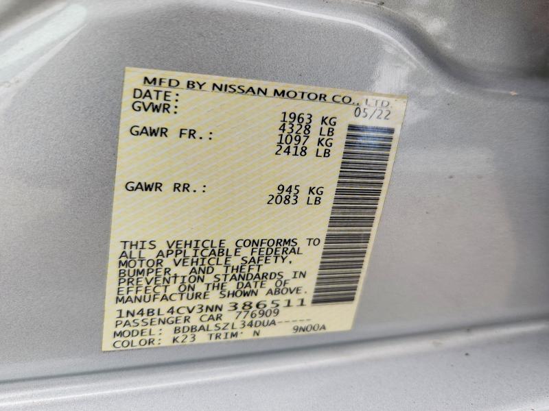 2022 Nissan Altima მანქანა იყიდება აუქციონზე, vin: 1N4BL4CV3NN386511, აუქციონის ნომერი: 70650396