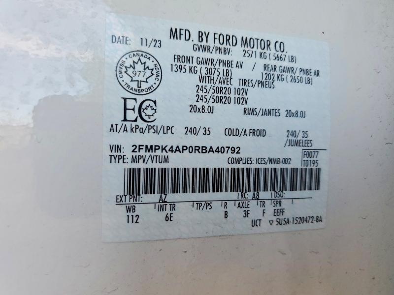 68326916 :رقم المزاد ، 2FMPK4AP0RBA40792 vin ، 2024 Ford Edge مزاد بيع